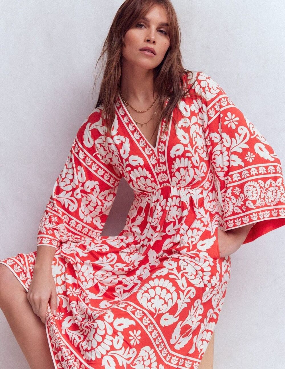 Boden Nell Kimono Midi Jersey Dress Bright Cherry, Ornate Floret Size 8 - Picture 3 of 12